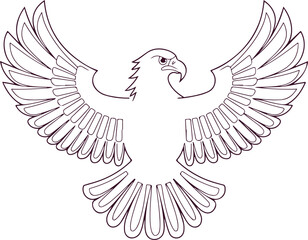 Eagle with wings. Black and white vector illustration for coloring book.