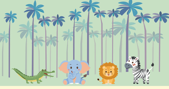 Dise&ntilde;o para imprimir para decoraci&oacute;n habitaci&oacute;n jungla con animales cebra, le&oacute;n, elefante, cocodrilo