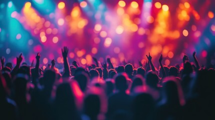 Vibrant Crowd at a Live Concert with Colorful Bokeh Lights Creating an Energetic Atmosphere of...