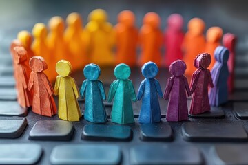 conceptual illustration of a diverse virtual community, represented by colorful paper figures standing in a circle on a keyboard, symbolizing connection and collaboration in the digital age