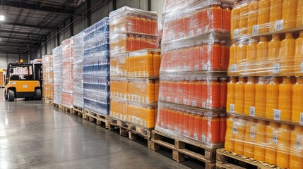 Within a spacious warehouse, numerous pallets stacked high with orange juice bottles are neatly arranged. Forklifts move through the aisle, ensuring efficient distribution and logistics.