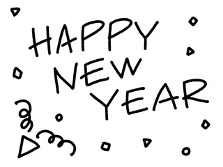 手書きのシンプルでゆるいHAPPY NEW YEARの文字とクラッカーと紙吹雪のイラスト