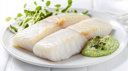Butterfish with Wasabi Mayonnaise on a white plate and a white background photographed at a 45 degree angle, white fish fillet, pale green wasabi mayo, microgreens garnish, professional food photograp