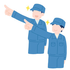 同じ方向を向いて斜め上を指さす作業服を着た男性2人のフラットなイラスト
