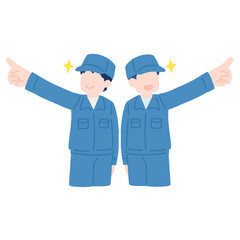 別の方向を向いて斜め上を指さす作業服を着た男性2人のフラットなイラスト
