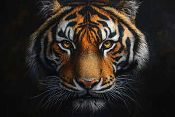 Fototapeta premium Vibrant painting captures fierce tiger's face with piercing eyes, detailed stripes, and intense expression against a dark background.