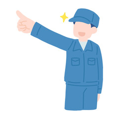 斜め上を指さす作業服を着た男性のフラットなイラスト

