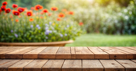 A versatile product display showcasing a wooden surface adorned with a colorful floral arrangement. Perfect for promoting natural and organic products.