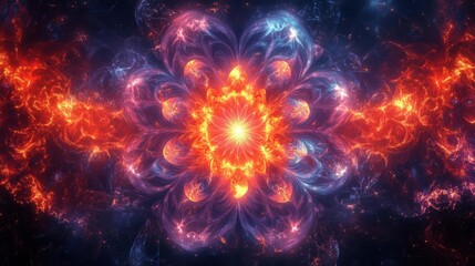 A vibrant, cosmic fractal design featuring fiery orange and cool blue hues, radiating from a central point, creating an ethereal, mesmerizing effect.
