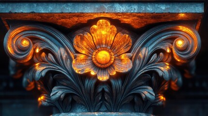 A close-up view of an ornate architectural column adorned with floral patterns and illuminated details, showcasing intricate craftsmanship and design.