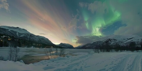 Naklejka premium A majestic view of the northern lights dancing over a tranquil fjord, with snow slowly melting on the surrounding peaks and soft spring hues illuminating the landscape. 
