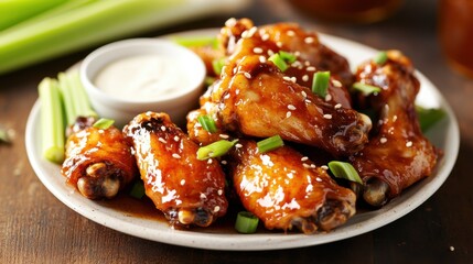 A mouthwatering plate of honey garlic chicken wings served with celery sticks and ranch dressing, Chicken wings plate centered, Warm diffused lighting accentuating the sticky glaze