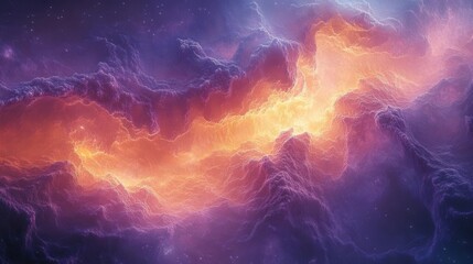 A vibrant cosmic scene featuring swirling clouds of gas in shades of purple and orange, representing the beauty of the universe.