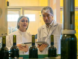 Engineer staff man and woman two person smile talk and inspect check quality control working job in...