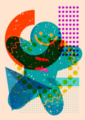 Risograph Gingerbread Man Christmas Cookie with geometric shapes. Objects in trendy riso graph print texture style design with geometry elements.