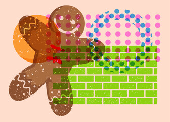 Risograph Gingerbread Man Christmas Cookie with geometric shapes. Objects in trendy riso graph print texture style design with geometry elements.