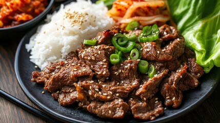 Fototapeta premium A mouthwatering plate of Korean BBQ beef bulgogi served with steamed rice and kimchi, Beef bulgogi arranged on a platter with sesame seeds sprinkled on top, Sliced green onions for garnish
