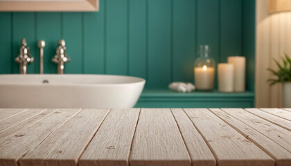 A serene bathroom interior featuring a freestanding white bathtub, teal painted walls, and a rustic wooden countertop.