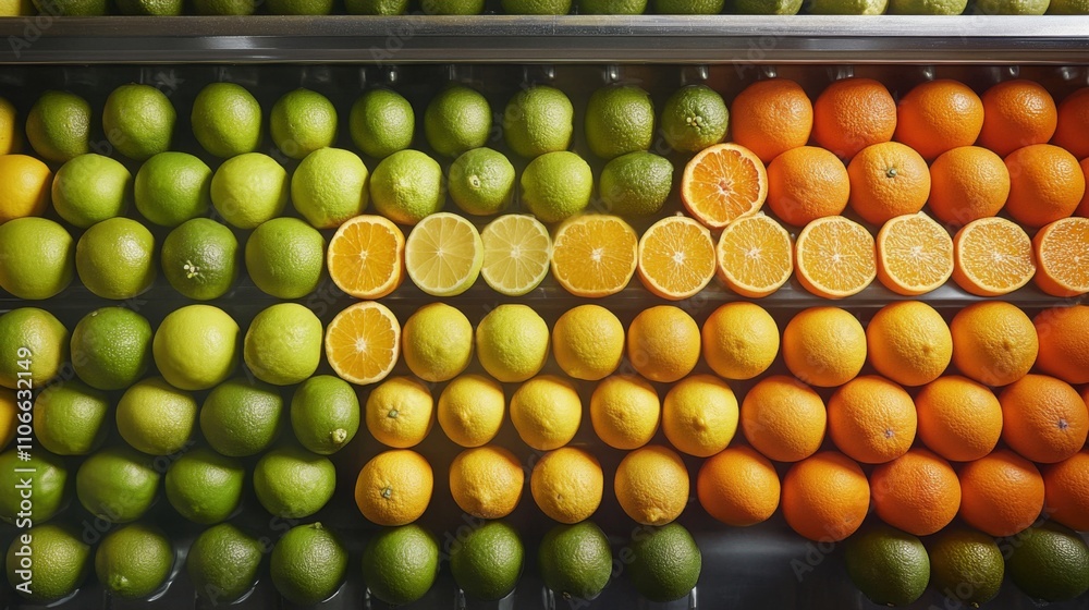 Aufkleber a colorful array of fresh fruits is arranged on a display, showcasing bright oranges, limes, and lem