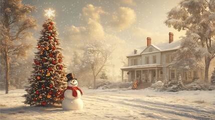 Fototapeta premium A snowy Christmas tree with a cheerful snowman in a winter holiday scene