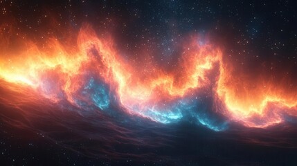 A vibrant cosmic scene featuring fiery orange and cool blue waves amidst a starry backdrop, evoking the beauty of the universe.