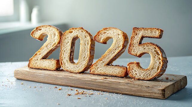 A creative sculpture of the numbers "2025" made from slices of bread arranged on a wooden board, complete with crust edges and a toasted finish for added texture and depth.