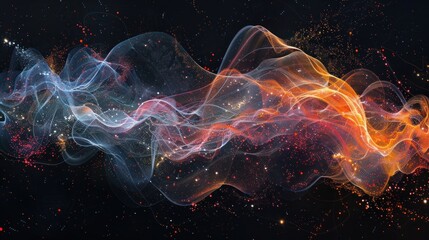 Obraz premium Abstract wavy light streaks with a dark background and a red, blue, and orange color scheme.