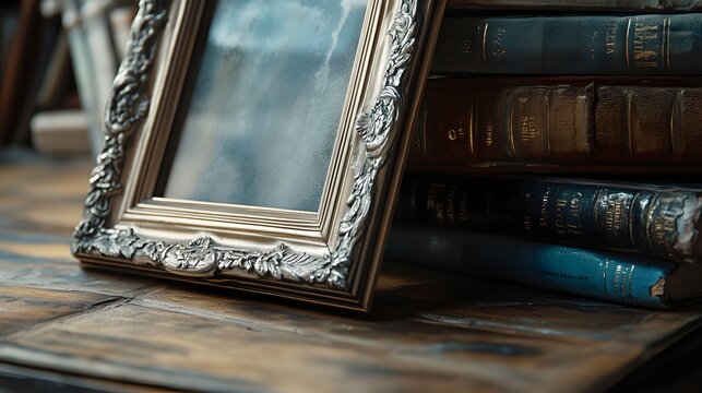 A vintage, weathered picture frame with an antique silver finish, featuring light, subtle engravings and a refined, timeless design. The frame sits on a vintage book collection with soft light