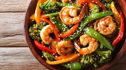 A mouthwatering plate of shrimp stir-fry with colorful bell peppers, snap peas, and broccoli