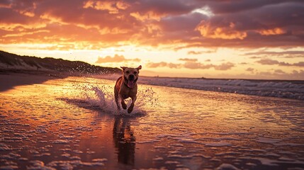 Golden Retriever Running on Beach at Sunset
