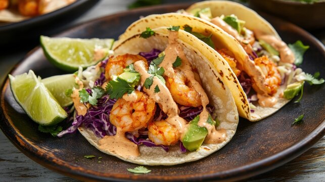 A mouthwatering plate of shrimp tacos with avocado, cabbage slaw, and chipotle mayo