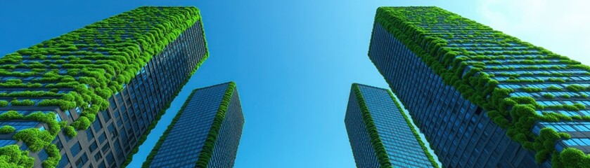 Fototapeta premium Modern Urban Architecture Featuring Eco-Friendly Skyscrapers Wrapped in Lush Greenery and Surrounded by Clear Blue Sky for Sustainable City Living Concept