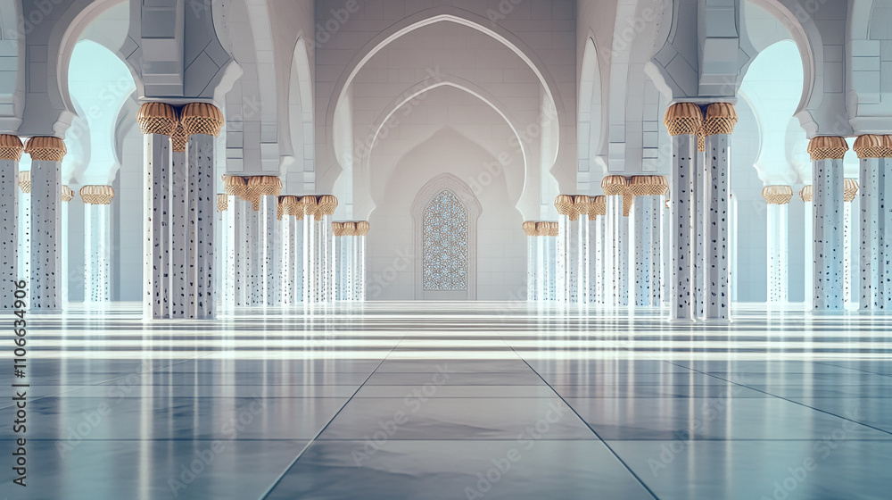 Poster elegant architectural design showcases intricate columns and soft light in a serene space