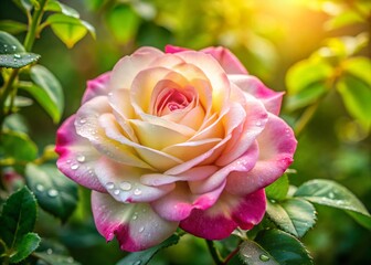Candid Photography of a Pink and White Rose in a Morning Garden, Capturing the Beauty of Nature's Blooming Flowers in a Serene Setting