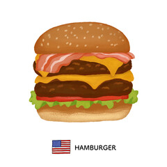 アメリカ料理＿ハンバーガー　色鉛筆タッチのイラスト
