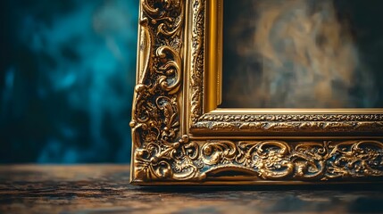 A vintage baroque-style frame with ornate gold leaf detailing, filled with intricate patterns and floral motifs. The frame is placed on a wooden table, bathed in soft, warm light