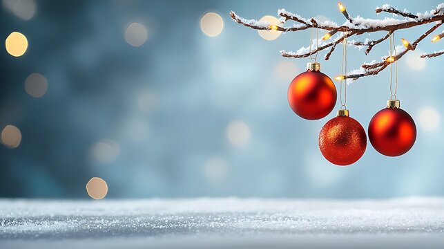 A festive Christmas card featuring three vibrant red baubles hanging from a snowy branch, with ample copyspace below for personalized greetings.