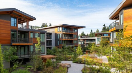 Fototapeta premium Contemporary multi-unit buildings surrounded by landscaped gardens promote a serene living environment. This residential area features modern architecture and ample outdoor spaces for relaxation.