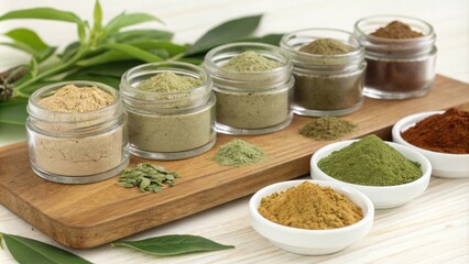 An arrangement of herbal powders and extracts in small glass jars showcasing natural ingredients known for enhancing focus and stamina.