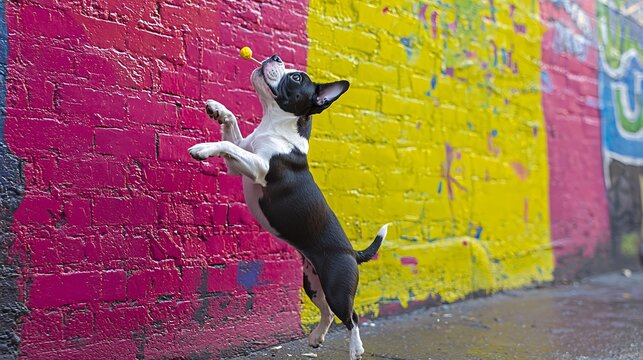 Playful Boston Terrier Dog Jumping for Toy Against Vibrant Graffiti Wall