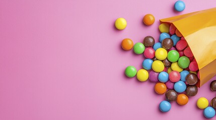 Obraz premium Colorful Candy Spills from Bag on Pink | Flat lay photography