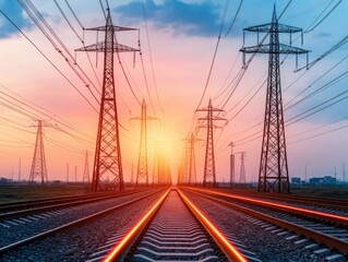 Obraz premium Sunset View of Power Lines Along Railway Tracks with Vibrant Orange and Blue Sky, Electric Towers and Tranquil Landscape in the Background