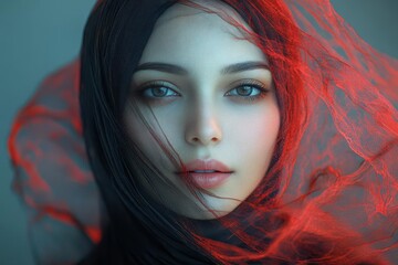 dynamic composition surrounding an oriental woman in hijab, merged with flowing elements of nature, creating a serene yet energetic atmosphere that speaks to cultural harmony and beauty