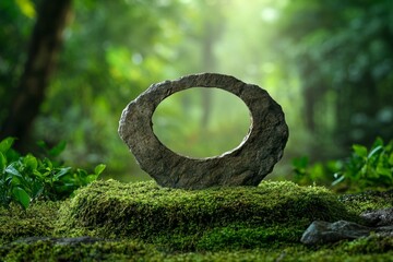 A circle of arrows carved into stone, surrounded by moss and natural light filtering through trees