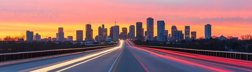 Fototapeta premium Stunning City Skyline at Sunset with Vibrant Colors and Light Trails on a Busy Road, Capturing the Essence of Urban Life and Scenic Beauty