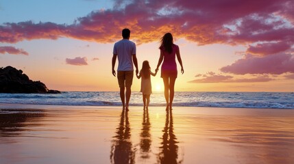 Fototapeta premium Family Sunset Beach Silhouette | Golden Hour Photography