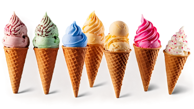 Assorted ice cream cones with colorful flavors like strawberry, mint chocolate chip, and mango, vibrant soft serve swirls in waffle cones on white background