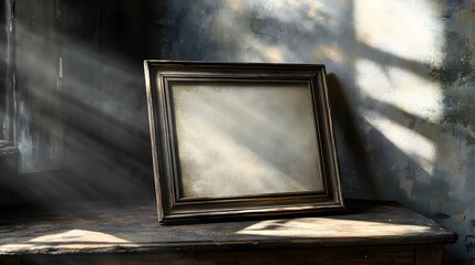 An antique rectangular frame with a gently weathered finish, featuring elegant, minimalistic detailing along the edges. The frame rests on an antique writing desk with soft, diffused light shining on