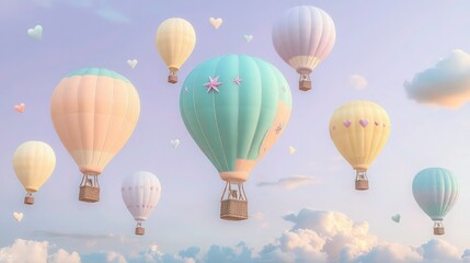 Naklejka premium An enchanting sky full of pastel-themed hot air balloons, each decorated with panels in shades of peach, aqua, lavender, and lemon yellow. 
