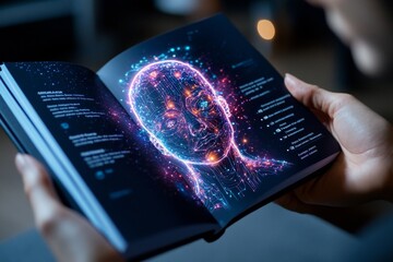 A conference brochure for a tech summit, with keynote speaker profiles, an event schedule, and futuristic graphic designs